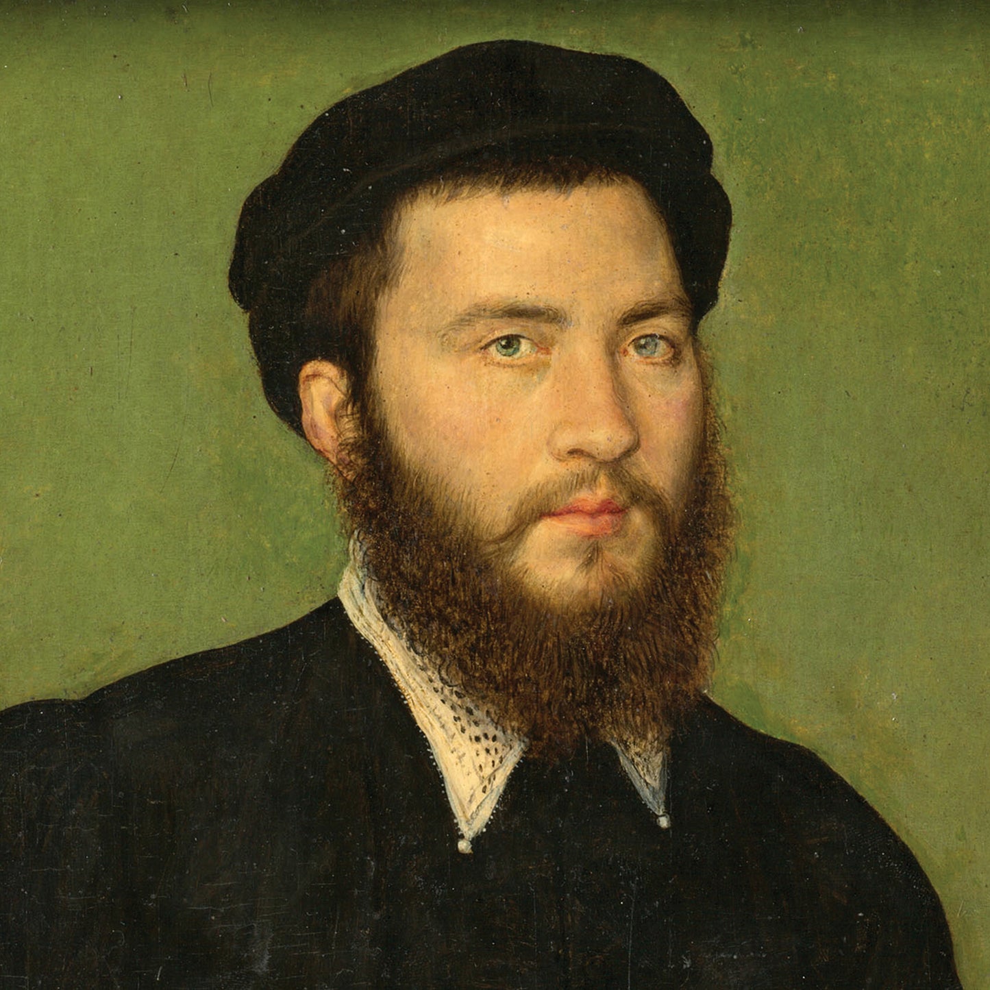 The "Portrait of a Man by Corneille de Lyon" features a gentleman with a brown beard and mustache, adorned in a black hat and dark coat complemented by a white collar. Set against a green background, the man gazes calmly towards the viewer, capturing the essence of historic Renaissance portraiture characteristic of Corneille de Lyon's style.