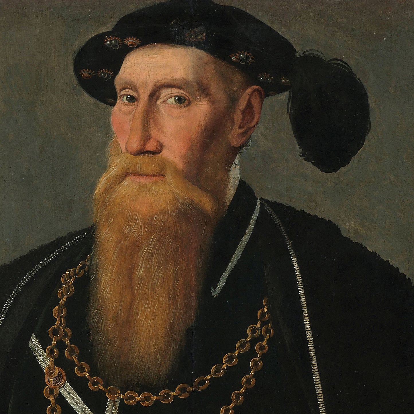 The Portrait of Reinoud III van Brederode - Lord of Vianen by Jan van Scorel depicts a man with a long, reddish-brown beard, wearing a black hat adorned with circular decorations. He is dressed in dark, ornate clothing with a gold chain around his neck. The background is a muted, plain dark brown, capturing the essence of 16th-century portraiture and Dutch nobility.