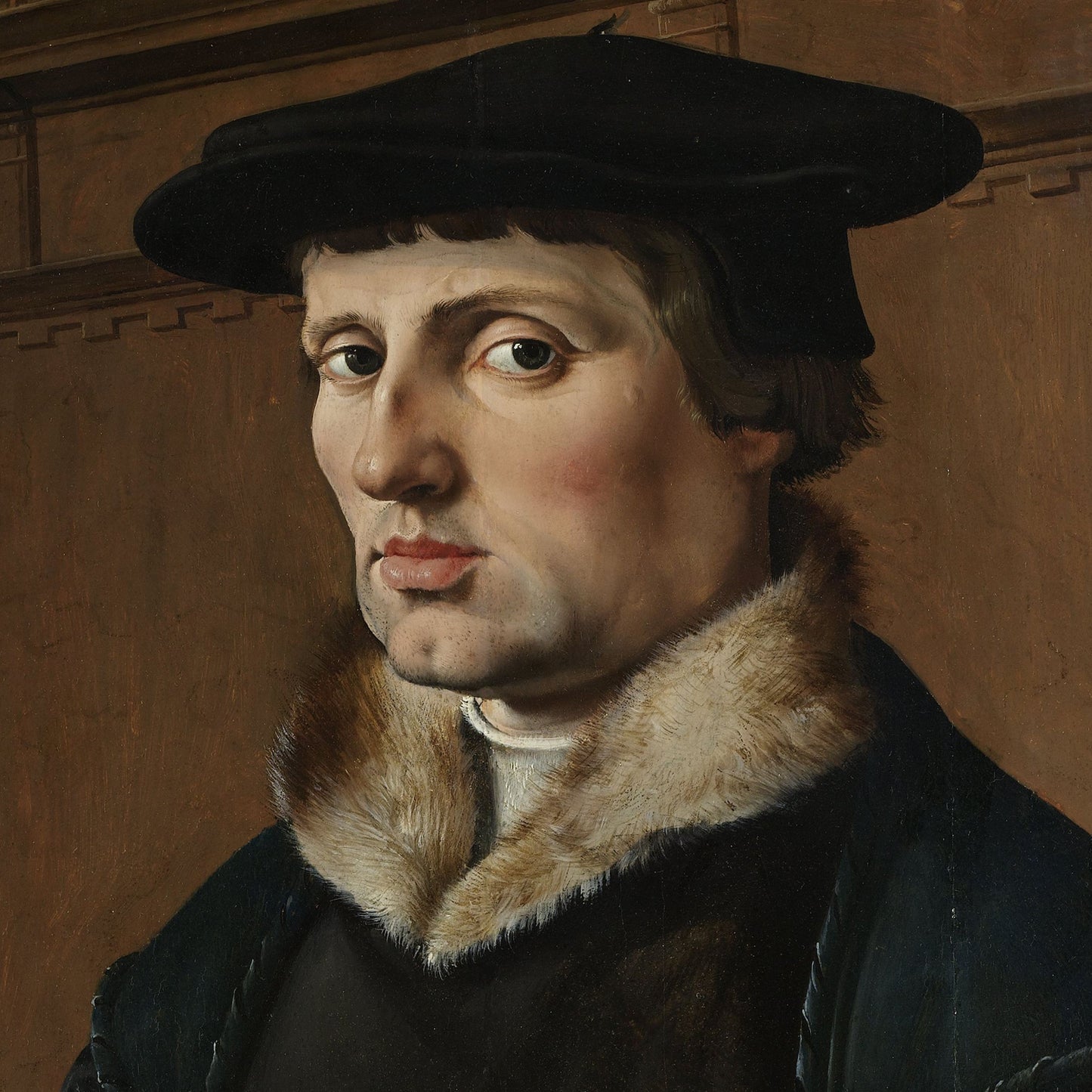 The 'Portrait of Pieter Gerritsz Bicker by Maarten van Heemskerck' is a classic painting that depicts a solemn man in a black hat with a fur-lined collar. The man, with a serious expression and short dark hair, is dressed in period clothing indicative of the Dutch Golden Age.