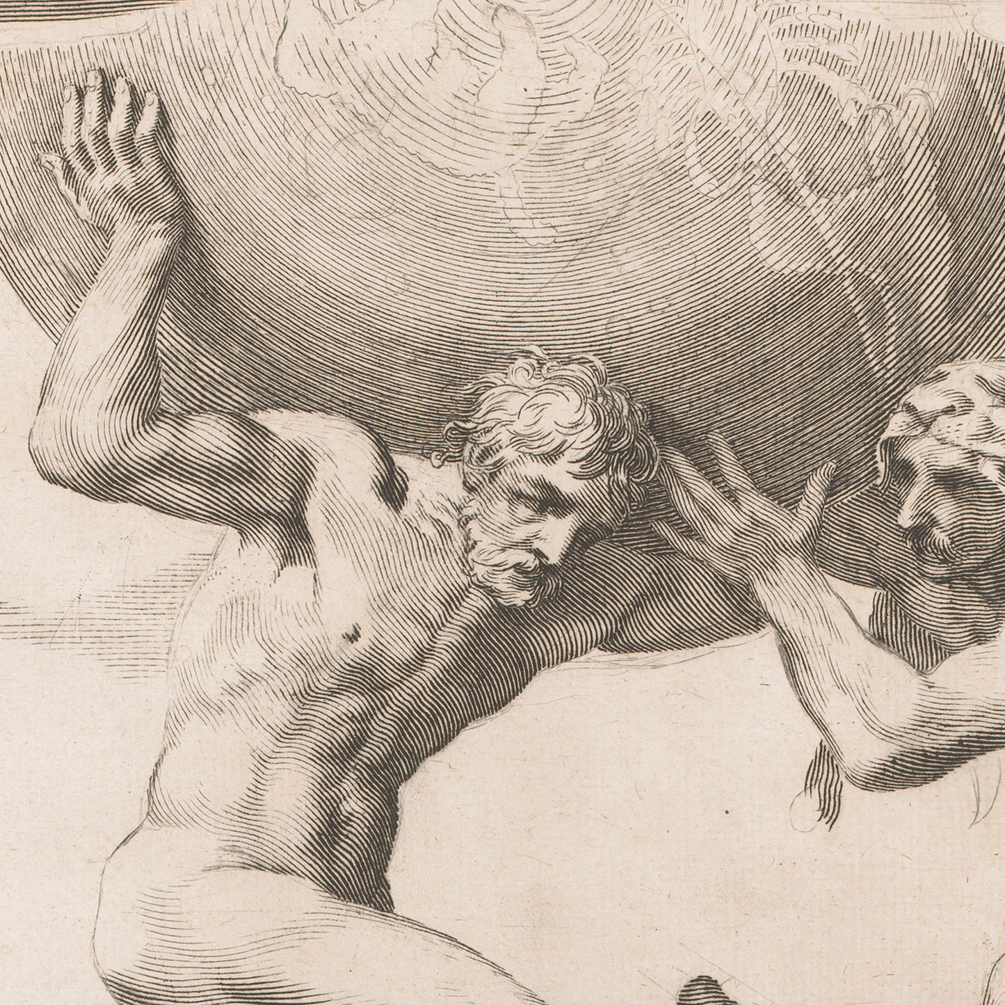 An engraving titled "Hercules Assisting Atlas" by Claude Mellan on premium Lustre surface paper showcases a muscular, bearded man with raised arms, straining to support a large, spherical object above his head. Evoking classical mythology, another less visible figure, possibly Hercules aiding Atlas, appears to lend assistance from the side. The background remains abstract and undefined.