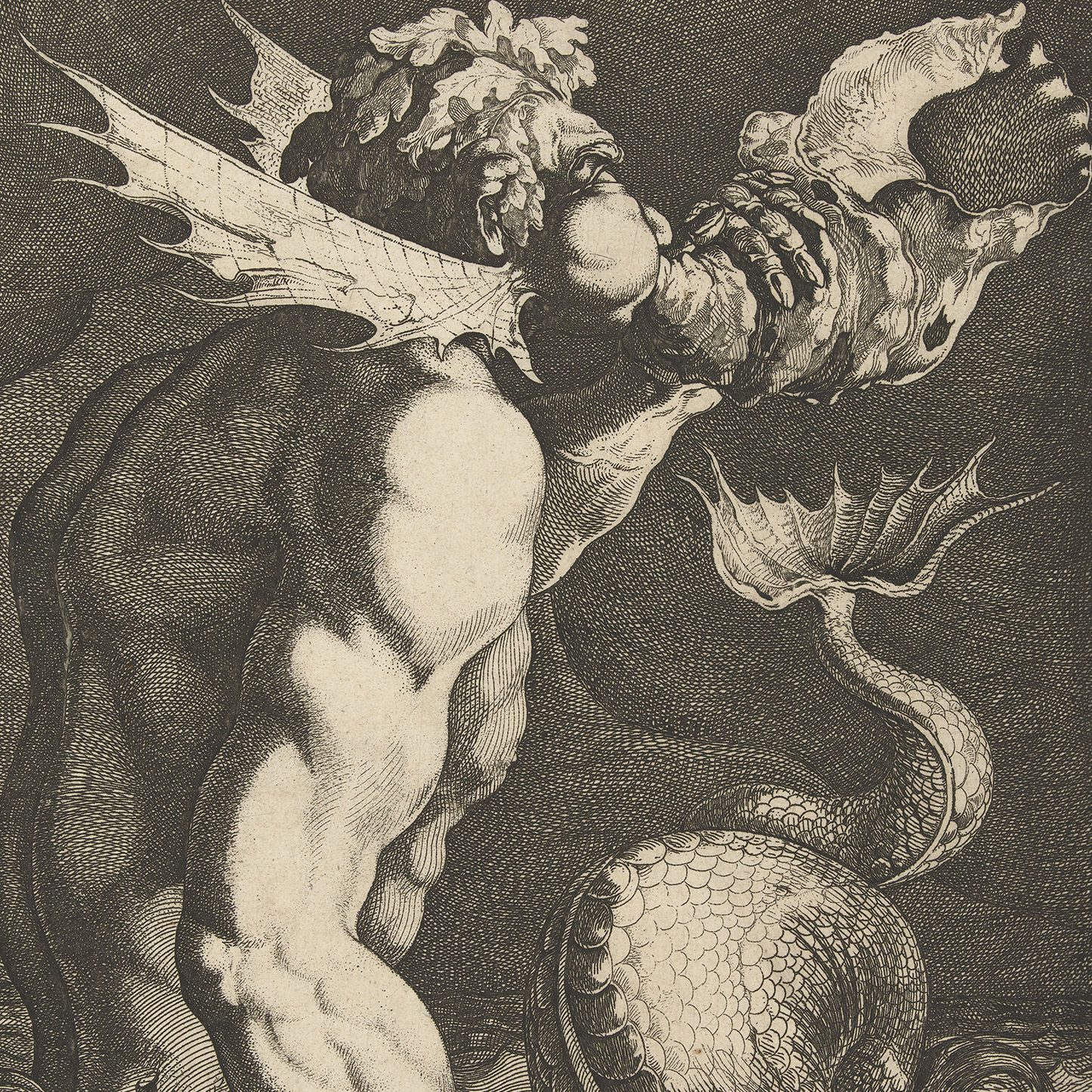The artwork "Triton Blowing on a Conch" by Jacques de Gheyn depicts a mythological figure with a muscular upper body of a human and a fish-like lower body, blowing on a shell horn. The character is adorned with a leafy headdress and features intricate fin-like extensions from its head, all set against a dark, textured background.