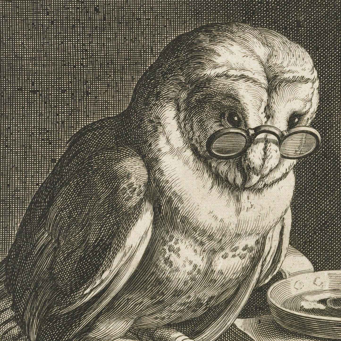 An intricate black-and-white illustration titled "An Owl with Books" by Cornelis Bloemaert features an owl wearing round spectacles. The owl is depicted in a scholarly manner, with detailed feather patterns and a contemplative expression, complemented by the presence of a small dish or bowl in the foreground.