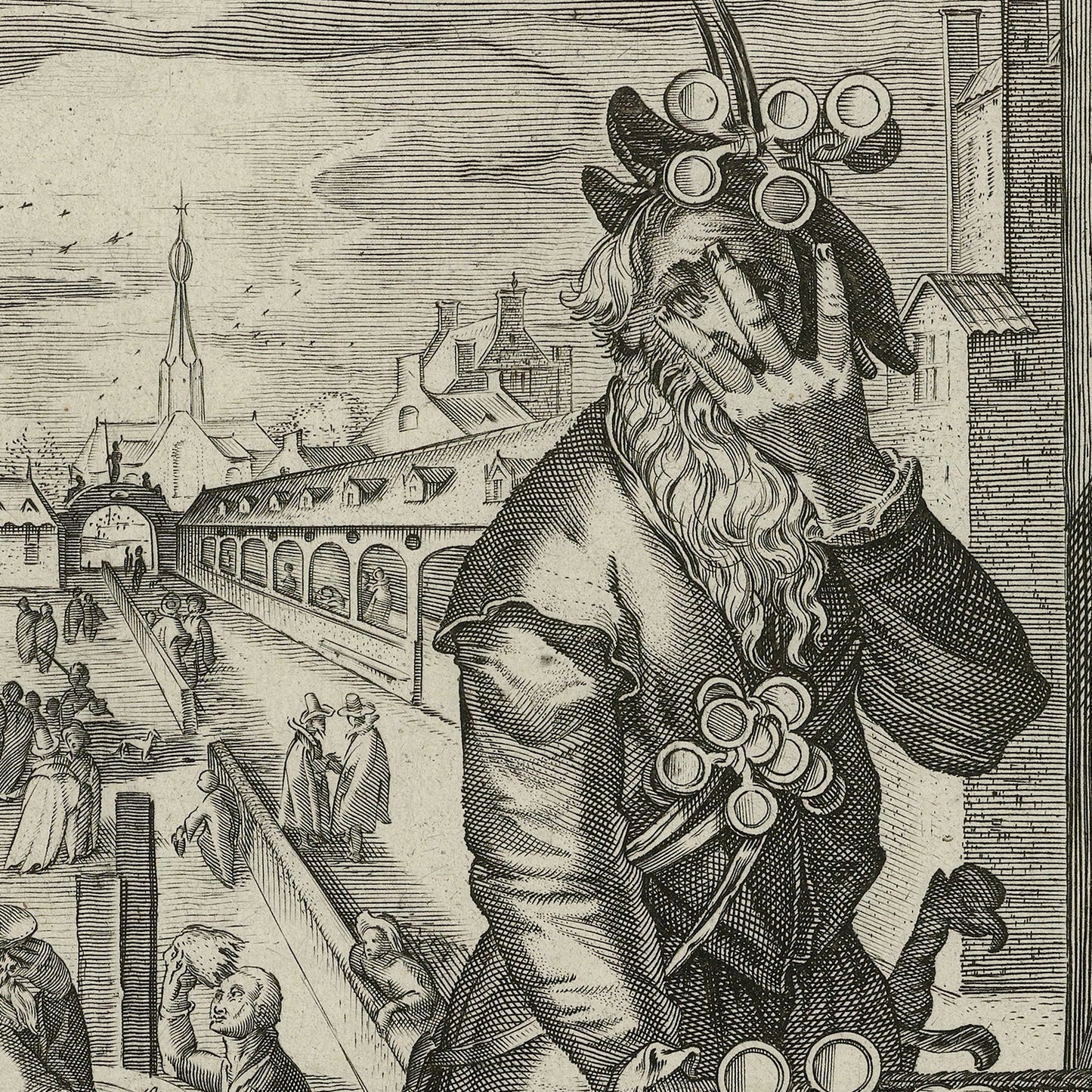 A detailed historical illustration titled "Brillenverkoper - Glasses Copier" by Nicolaes Jansz Clock depicts a whimsical figure adorned with multiple magnifying glasses attached to his hat and clothing. The background features a bustling medieval street with people engaging in various activities near a canal and a bridge.