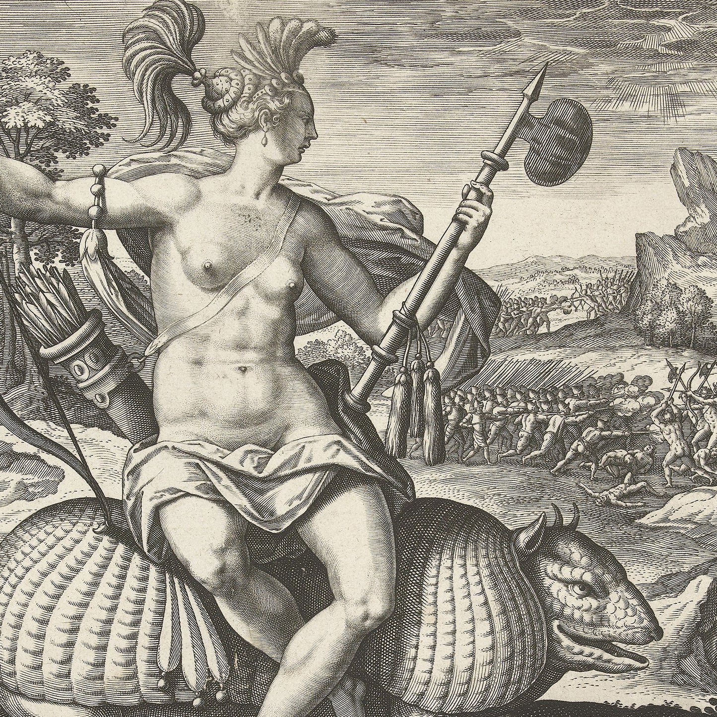 A detailed engraving titled "Allegory of America - The Four Continents" by Adriaen Collaert features a mythological female warrior, partially nude, riding a dragon-like creature. She holds a spear and wears a helmet. In the background, numerous small figures suggest an ongoing battle amidst a rugged landscape, capturing the essence of European art and exploration.