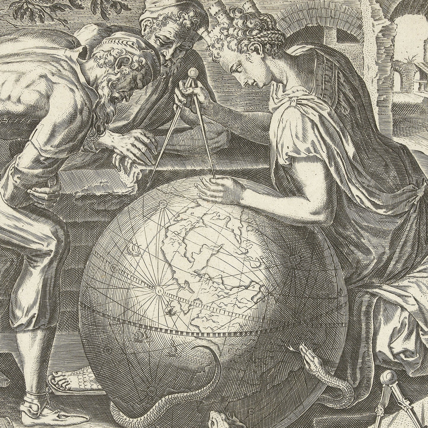 The intricate and detailed Renaissance engraving titled "Geometria - Meetkunde" by Cornelis Cort depicts three figures examining a large globe. One figure uses a pair of compasses to measure the globe, while the others observe closely. The background includes arches and architectural elements, with a serpent coiled at the base of the globe.