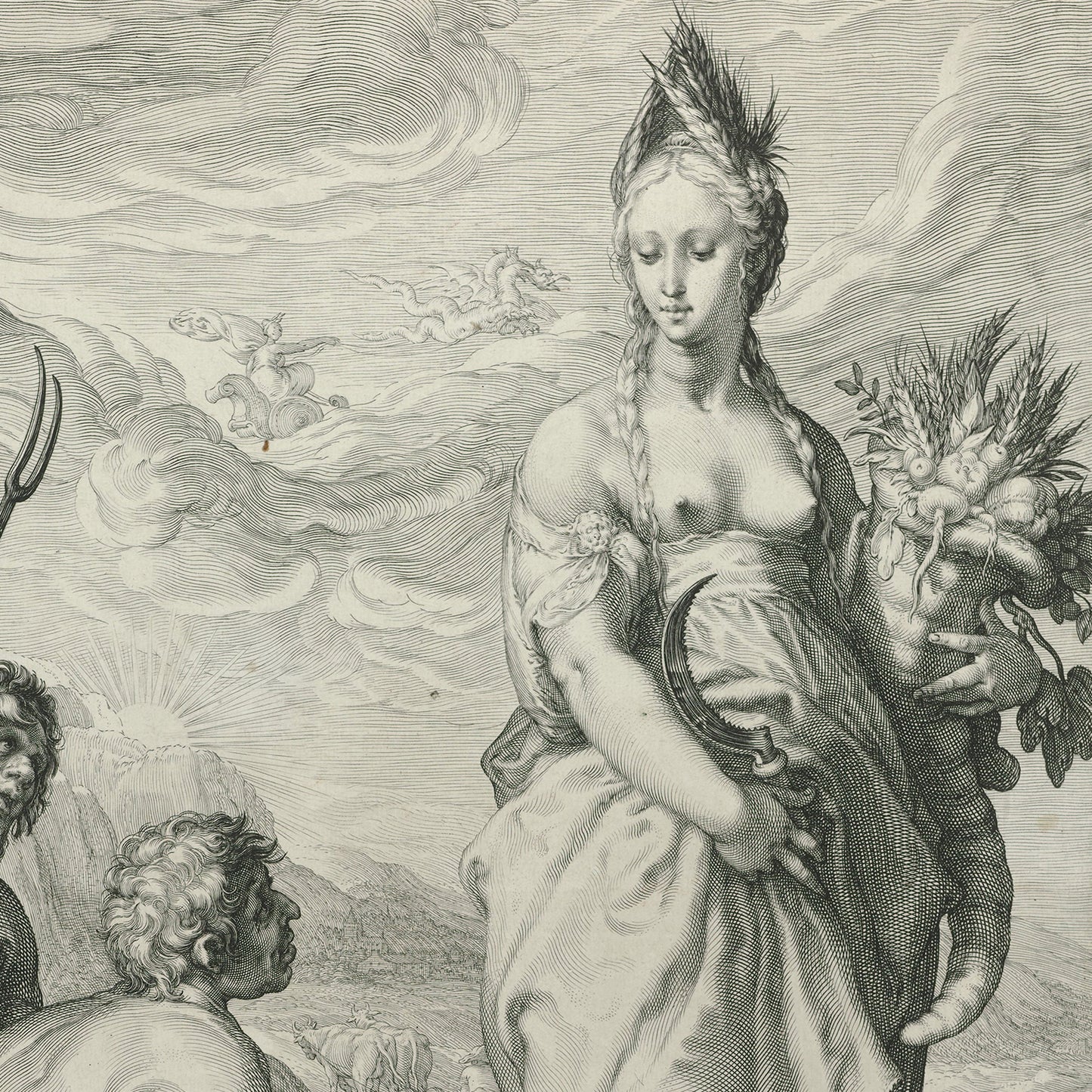The detailed engraving titled "Cult of Ceres" by Jan Saenredam and Jan Saenredam portrays a classical, mythological scene featuring a woman with braided hair, adorned in a headpiece and carrying a cornucopia overflowing with fruits and vegetables. Ethereal figures and celestial elements enrich the background behind her.
