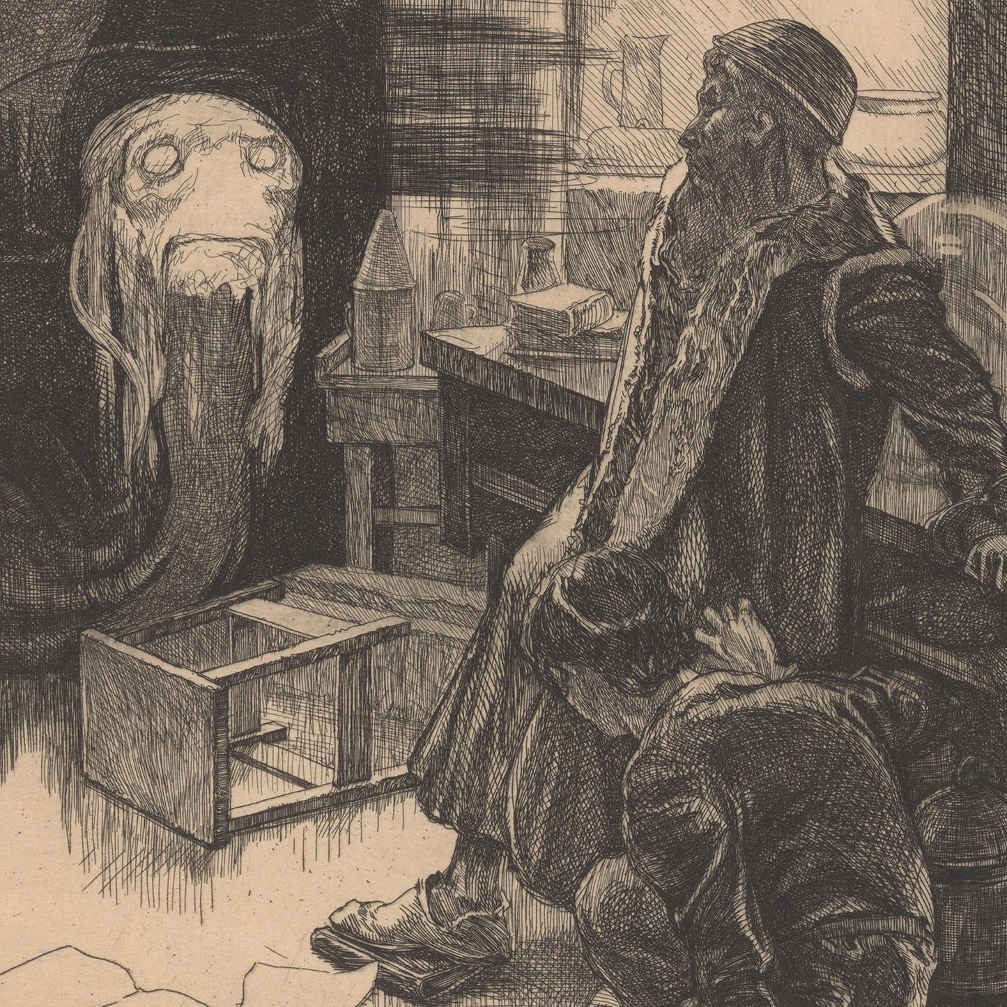 The black-and-white etching "Two Men and a Ghost in a Workshop" by Johannes Josephus Aarts depicts an unsettling scene. A seated man in traditional attire gazes at a ghostly figure with a large mouth, standing nearby. Another person crouches by his feet, seemingly cowering. The room contains various scattered objects.