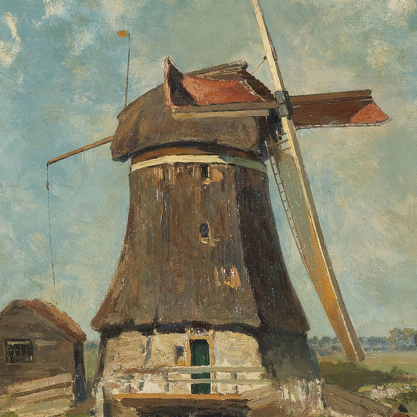 Title: "A Windmill on a Polder Waterway Print"
Description: This print captures a classical windmill with large wooden blades standing against a cloudy sky in a picturesque Dutch landscape. The windmill features a stone base, wooden upper structure, and a red, weathered roof. Nearby stands a small wooden shed amidst lush green fields beside the serene polder waterway.