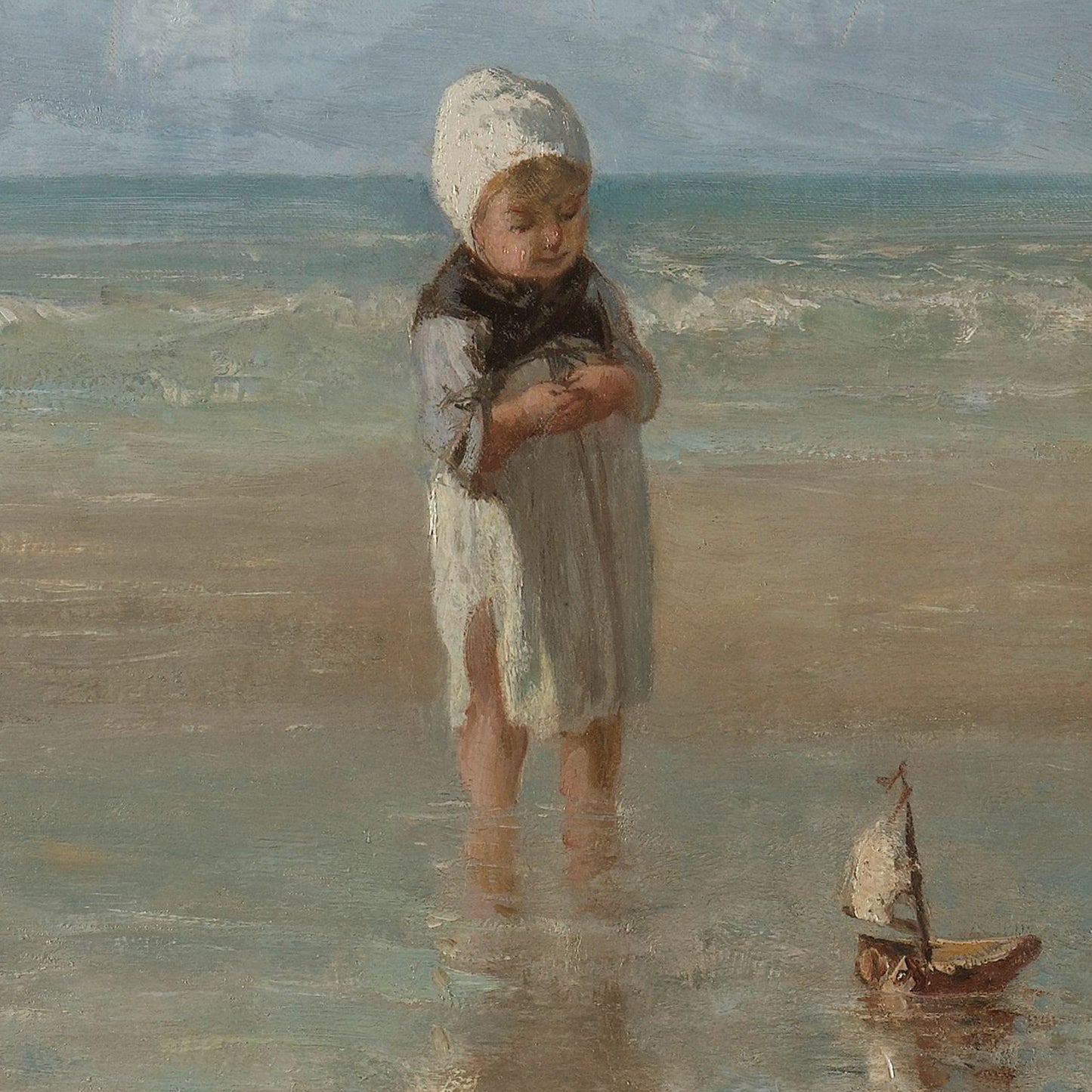 The painting "Children of the Sea" by Jozef Israëls depicts a young child standing on the shoreline, adorned in a white hat and dress, gazing intently at a small toy sailboat floating in the shallow water. The background features gentle waves and a calm sea under a light blue sky, capturing Israëls' signature style.