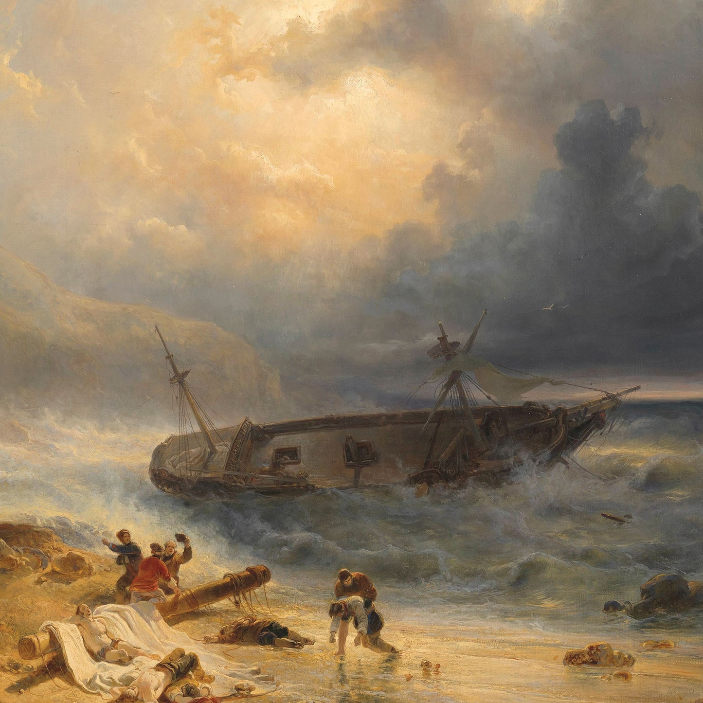 The artwork titled "Shipwreck off a Rocky Coast" vividly captures a dramatic ocean scene where a shipwreck unfolds off a rugged shoreline. Several figures are depicted struggling amidst the churning water and on the rocky shore. The fragmented vessel is ensnared in tumultuous waves, with ominous dark clouds overhead intensifying the atmosphere of danger and distress.