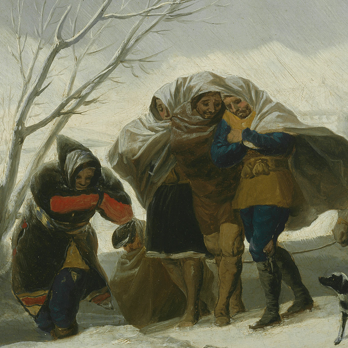 A painting, reminiscent of the Winter Scene by Francisco José de Goya y Lucientes Print, depicts four people in the snow, shrouded in cloaks and blankets for warmth. One person kneels while the others huddle together, leaning into the wind, creating a dramatic focal point. A barren tree stands in the background under an overcast sky as a small dog lies at their feet.