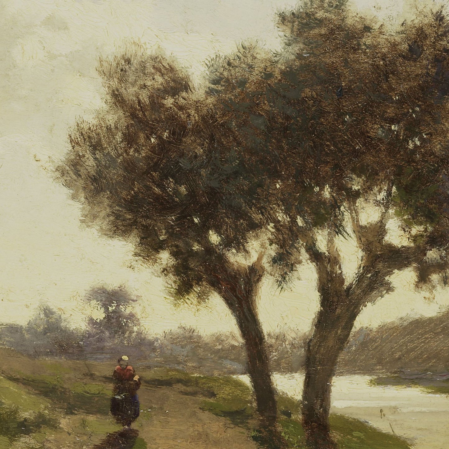 A person in a red jacket and dark skirt is walking along a dirt path by a river, flanked by two large trees. The scene is softly painted, exuding the tranquility typical of rural life art, with an overcast sky enhancing the serene atmosphere. This peaceful moment is beautifully captured in "Landscape with Two Trees" by Paul Gabriël.