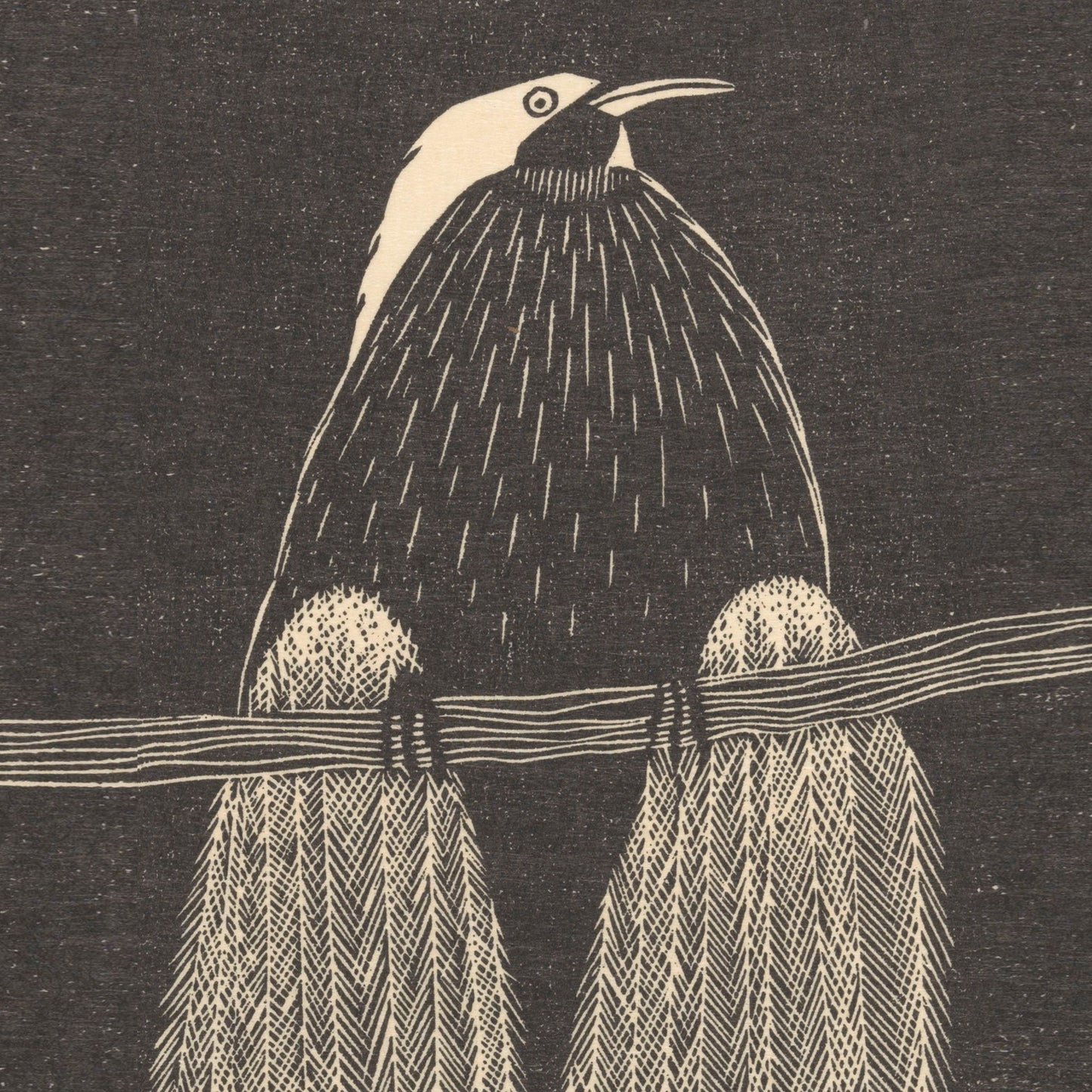 The "Bird of Paradise by Samuel Jessurun De Mesquita" features a black and white illustration of a Bird of Paradise perched on a branch. The bird, in the distinct style reminiscent of de Mesquita's work, showcases detailed, elongated feathers and a stylized appearance with a light-colored head and dark body. The plain yet textured background makes it an excellent choice for wall art.