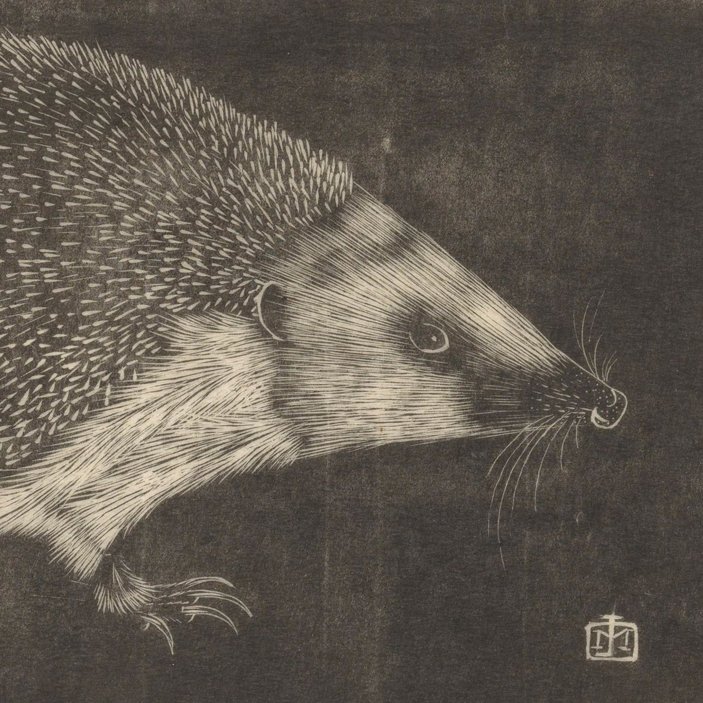 A monochromatic illustration from "Egel by Jan Mankes" features a hedgehog on a dark background, reminiscent of Dutch art. The hedgehog, meticulously drawn with detailed fine lines that showcase its spiky fur and sharp facial features, emphasizes texture. An artist's signature inspired by Jan Mankes adorns the bottom right corner.
