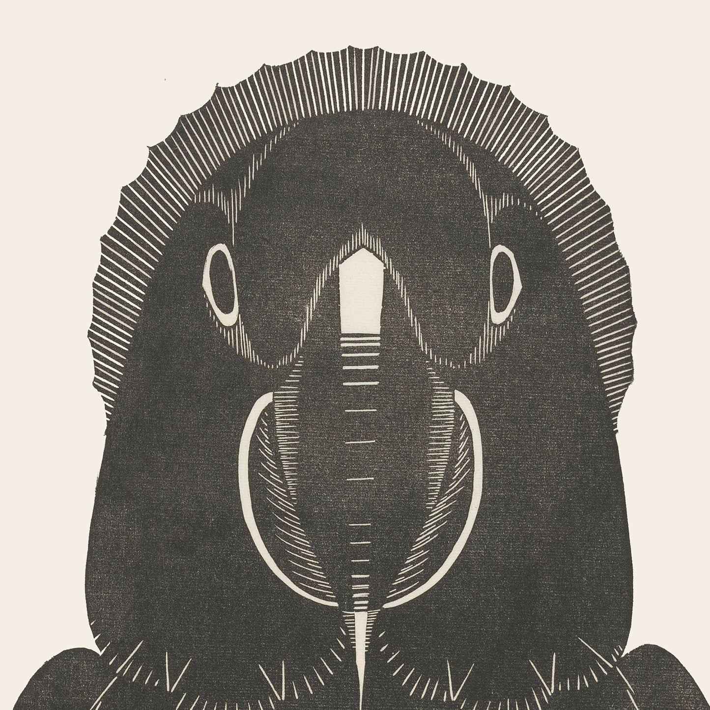 A monochrome illustration titled "Ara by Samuel Jessurun | Vintage Print" showcases a parrotfish seen from the front. The artwork, reminiscent of Samuel Jessurun de Mesquita's style, features intricate line detailing and symmetrical shading that emphasize the fish's beak-like mouth and rounded head. This creates a stylized, almost abstract appearance that exudes a vintage wall art aesthetic.
