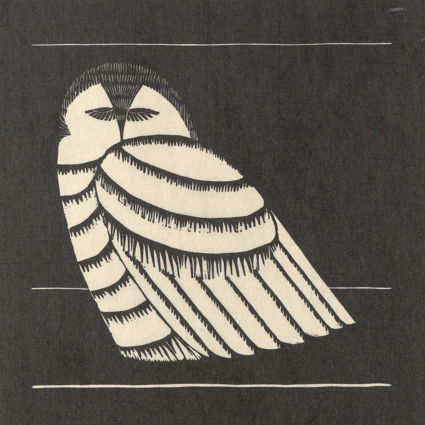 Snow Owl by Samuel Jessurun is a minimalist illustration that features a snow owl with its eyes closed, perched against a dark background. The design employs simple lines and contrasting black and white tones, reminiscent of Samuel Jessurun de Mesquita's vintage prints, to elegantly highlight the owl's form and feathers.