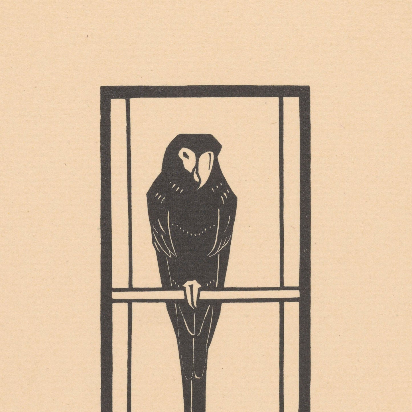 This vintage print, titled "Ara by Julie De Graag," features a black and white minimalist illustration of an "Ara" parrot perched on a horizontal bar inside a rectangular frame, set against a beige background. The parrot’s head is turned slightly to one side, showcasing a clear side profile that is reminiscent of Julie De Graag's artwork. It's the perfect piece for vibrant wall decor.