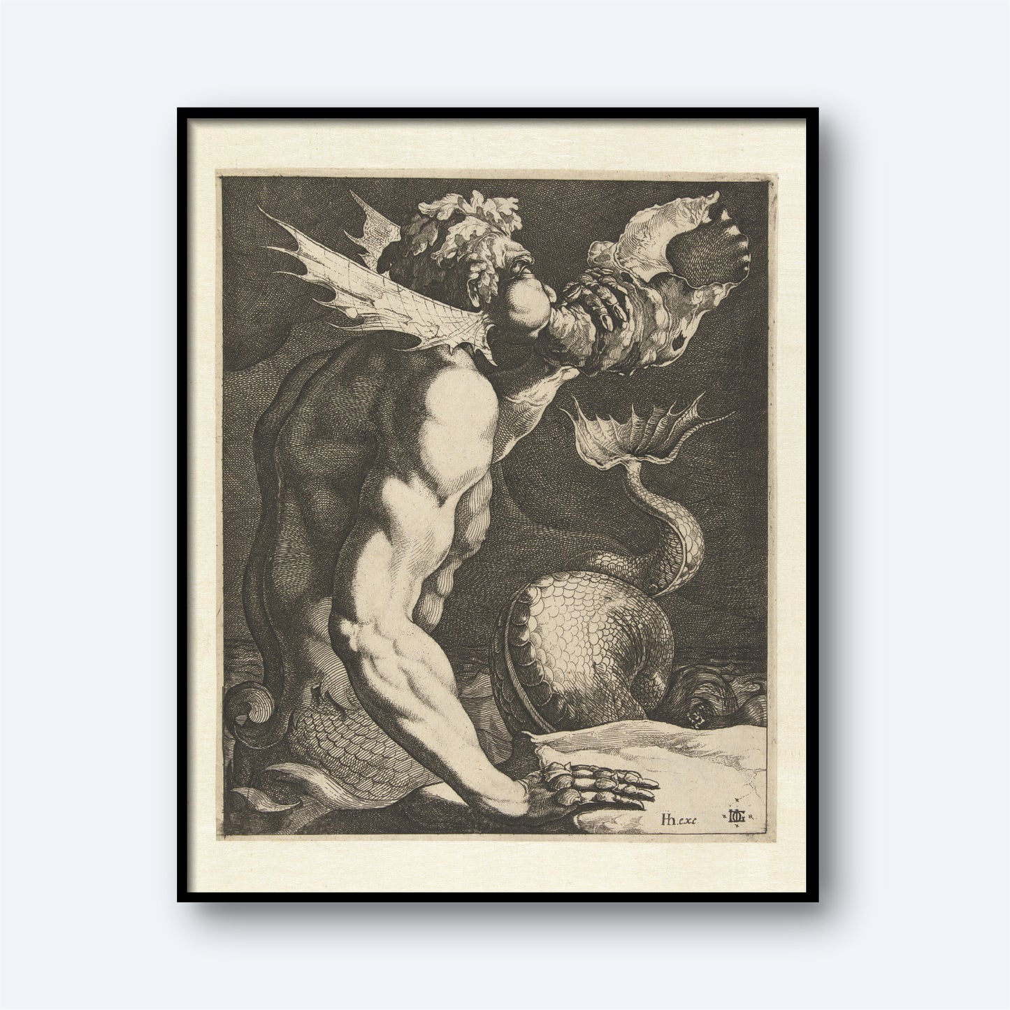 The framed print "Triton Blowing on a Conch" by Jacques de Gheyn, rendered in black and white, features a muscular creature with human and fish characteristics. It has a humanoid upper body, a fish tail, webbed wings on its head, and appears to be kneeling against a plain light background.