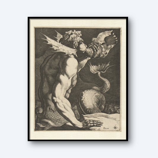 The framed print "Triton Blowing on a Conch" by Jacques de Gheyn, rendered in black and white, features a muscular creature with human and fish characteristics. It has a humanoid upper body, a fish tail, webbed wings on its head, and appears to be kneeling against a plain light background.