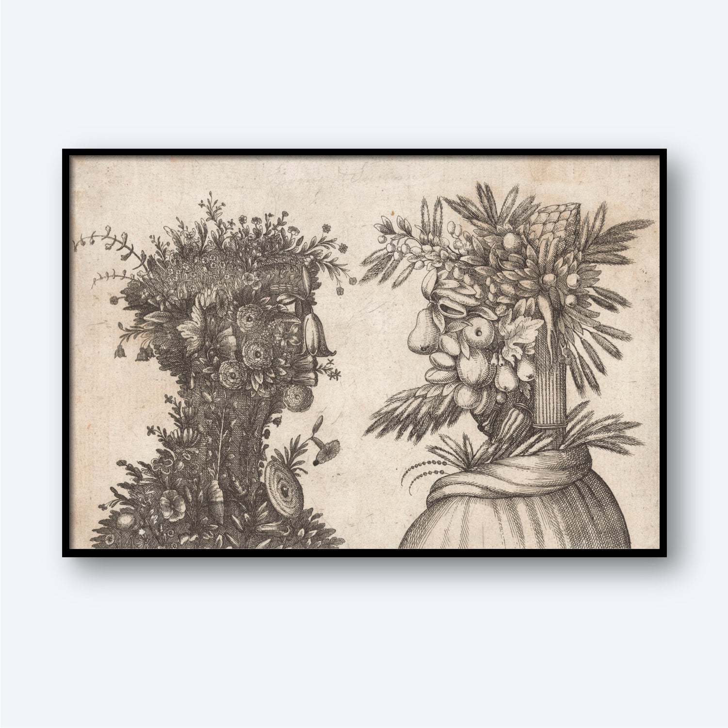 The "Spring and Summer - Two heads made from flora typical of those seasons" artwork features a vintage illustration with two human profiles composed of flowers, foliage, and fruits facing each other. The left figure is darker with intricate details of flowers, while the right is lighter with detailed fruits and greenery. Both profiles are set against a beige background.