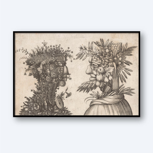 The "Spring and Summer - Two heads made from flora typical of those seasons" artwork features a vintage illustration with two human profiles composed of flowers, foliage, and fruits facing each other. The left figure is darker with intricate details of flowers, while the right is lighter with detailed fruits and greenery. Both profiles are set against a beige background.