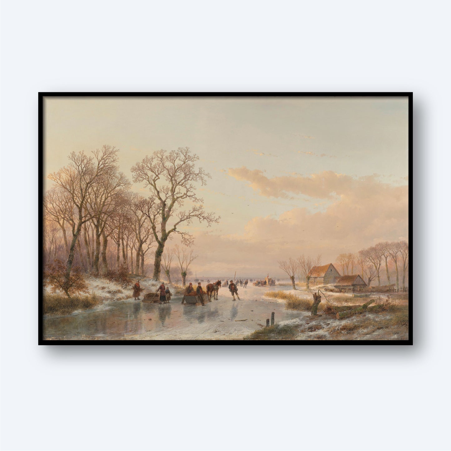 A framed painting titled 'A Frozen Canal near the River Maas' by Andreas Schelfhout depicts a Dutch winter landscape with people ice skating on a frozen river. Bare trees line the riverbanks, and a few buildings are visible in the distance under a cloudy sky. Snow covers the ground, enhancing the serene atmosphere.