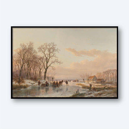 A framed painting titled 'A Frozen Canal near the River Maas' by Andreas Schelfhout depicts a Dutch winter landscape with people ice skating on a frozen river. Bare trees line the riverbanks, and a few buildings are visible in the distance under a cloudy sky. Snow covers the ground, enhancing the serene atmosphere.