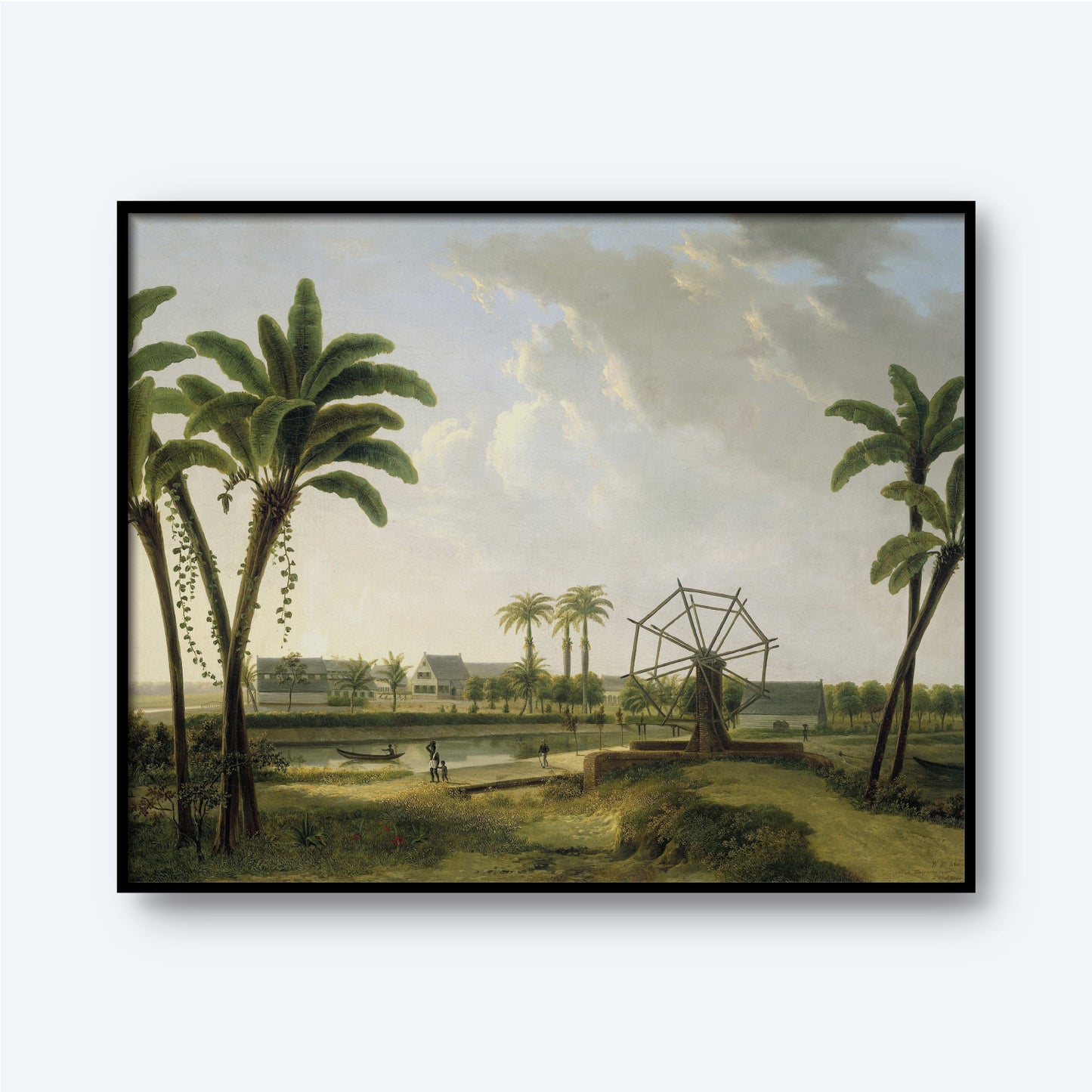 The "View of the Coffee Plantation Marienbosch in Surinam by Willem de Klerk Print" showcases a serene landscape with tall palm trees flanking both sides. In the mid-ground, a small settlement and a wooden waterwheel near Surinam's Coffee Plantation Marienbosch are visible by a calm river. The partly cloudy sky above softly illuminates the scene.