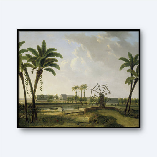 The "View of the Coffee Plantation Marienbosch in Surinam by Willem de Klerk Print" showcases a serene landscape with tall palm trees flanking both sides. In the mid-ground, a small settlement and a wooden waterwheel near Surinam's Coffee Plantation Marienbosch are visible by a calm river. The partly cloudy sky above softly illuminates the scene.