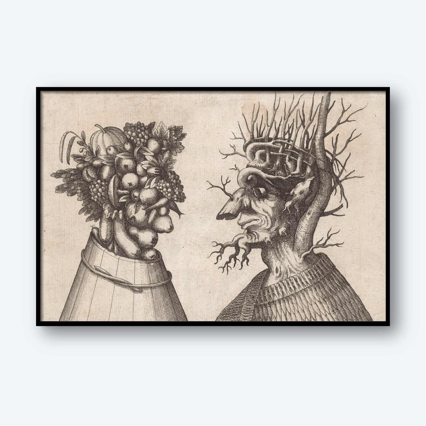 Black and white illustration titled "Autumn and Winter," features two faces in profile, with one face, reminiscent of Giuseppe Arcimboldo's 16th-century Italian works, composed of fruits and vegetables typical of autumn. The other face is formed by barren tree branches representing winter. The figures appear to be engaged in conversation, giving the image a surreal and artistic style.