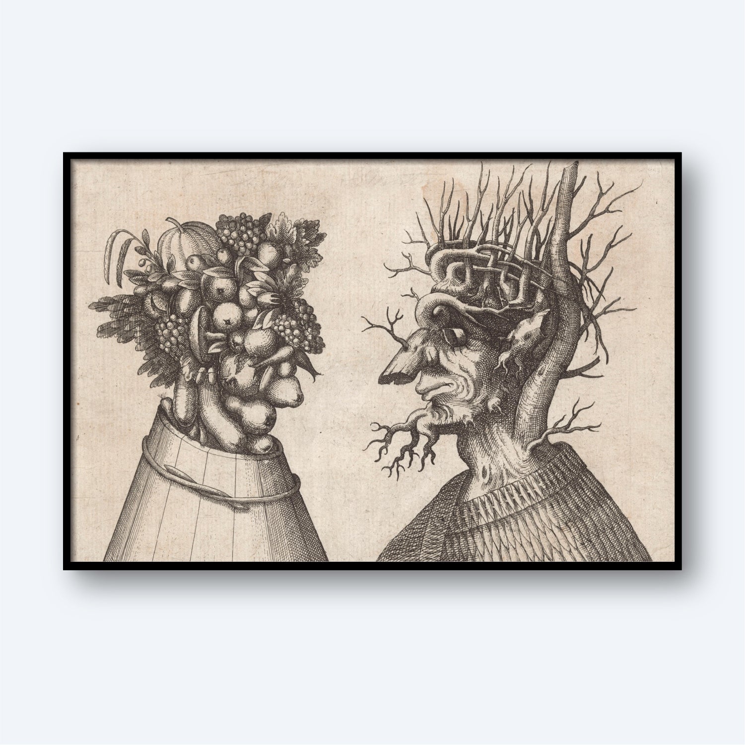 Black and white illustration titled "Autumn and Winter," features two faces in profile, with one face, reminiscent of Giuseppe Arcimboldo's 16th-century Italian works, composed of fruits and vegetables typical of autumn. The other face is formed by barren tree branches representing winter. The figures appear to be engaged in conversation, giving the image a surreal and artistic style.