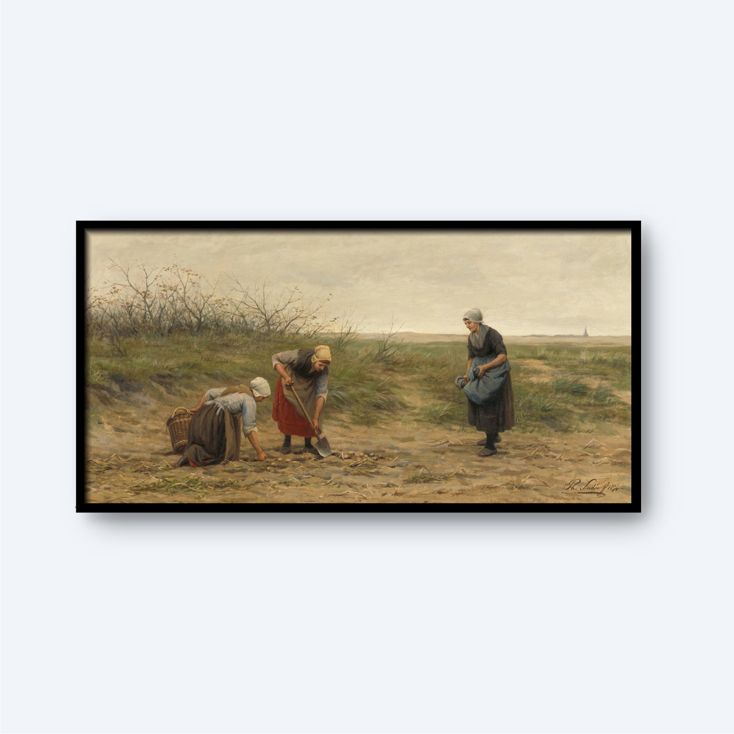 The "Peasants Digging Print" portrays three women in traditional attire laboring in a desolate field, embodying the core of rural work. One woman stoops to collect crops, another kneels, and the third stands with a basket in hand. The backdrop features a far-off village beneath a cloudy sky, encapsulating the straightforwardness of agricultural living.