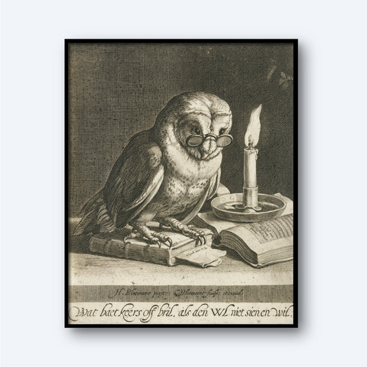 The artwork titled "An Owl with Books" by Cornelis Bloemaert depicts an owl adorned with glasses, seated on an open book, with a stack of additional books beneath it. A lit candle in a holder rests beside the owl, casting light over the scene. Below the image, decorative font inscribes text.