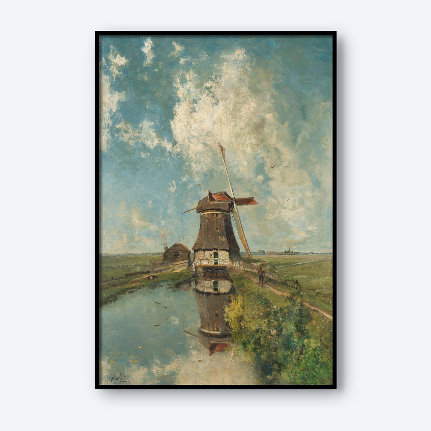 The "A Windmill on a Polder Waterway Print" features a framed painting that depicts a traditional windmill beside a serene polder waterway, complete with the windmill's reflection in the water. The scene includes expansive green fields under a sky dotted with scattered clouds, and additional small structures are visible in the distance, capturing the essence of this quintessential Dutch landscape.