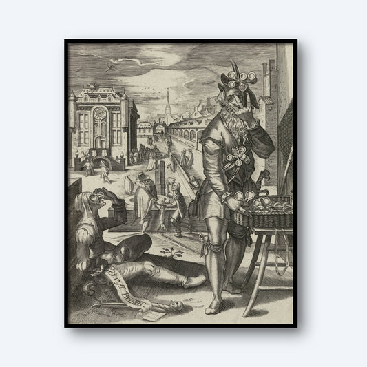 A black-and-white illustration from *Brillenverkoper - Glasses Copier by Nicolaes Jansz Clock* featuring a bearded man with coins over his eyes, standing beside a table with more coins. In the background, various people are depicted walking in a cityscape with tall buildings and a distant spire. A beggar sits on the ground holding a scroll.