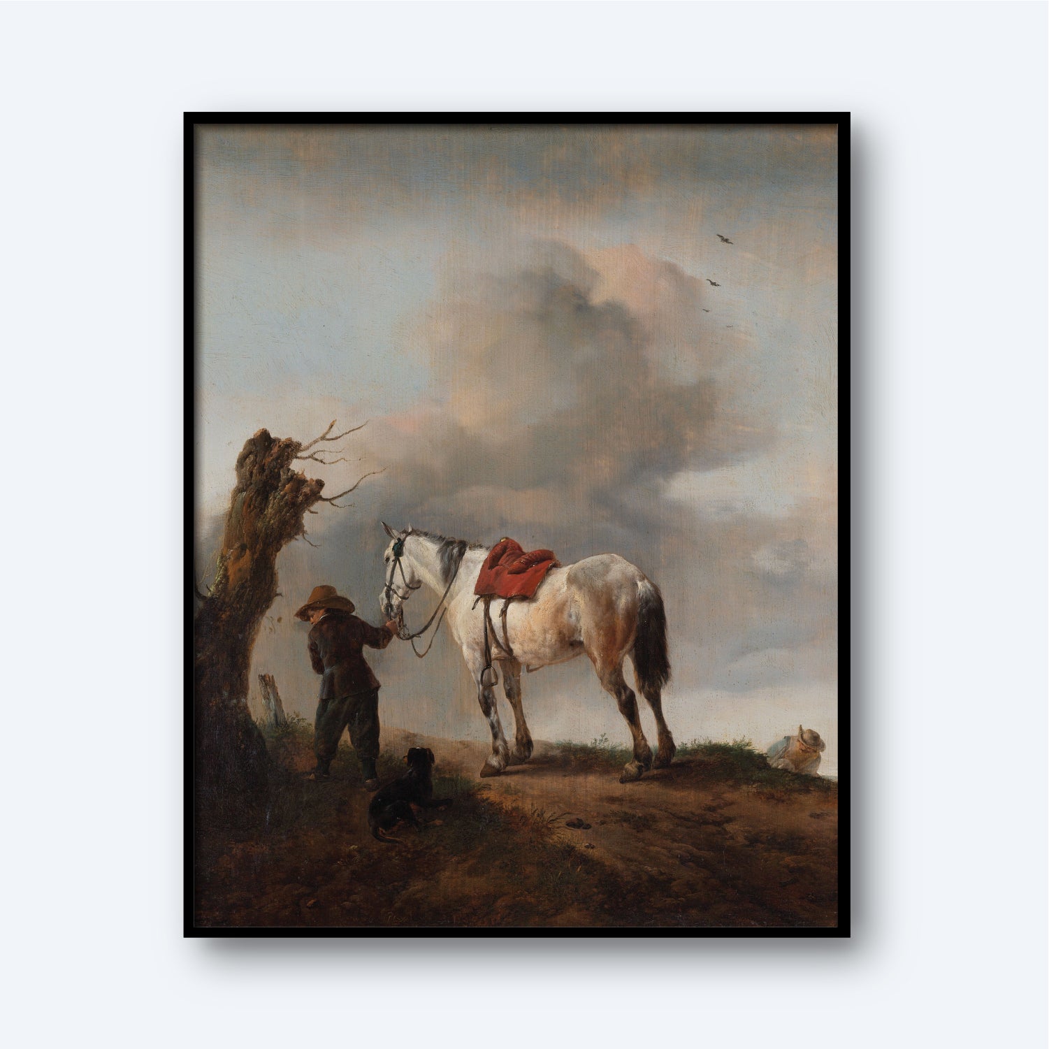 The painting titled "The Grey by Philips Wouwerman" depicts a figure gently holding the reins of a large white horse with a red saddle, positioned under an overcast sky. The person is dressed in rustic attire and wearing a hat. A dog sits nearby, and to the left side of the composition stands a weathered tree.
