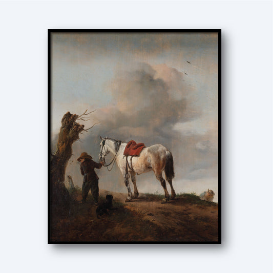 The painting titled "The Grey by Philips Wouwerman" depicts a figure gently holding the reins of a large white horse with a red saddle, positioned under an overcast sky. The person is dressed in rustic attire and wearing a hat. A dog sits nearby, and to the left side of the composition stands a weathered tree.
