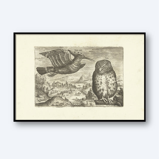 The framed artwork "Hoopoe and Owl by Adriaen Collaert" features a detailed naturalistic engraving of a bird in flight and an owl perched, set against a countryside landscape with buildings, trees, and hills, and is displayed with a white border.