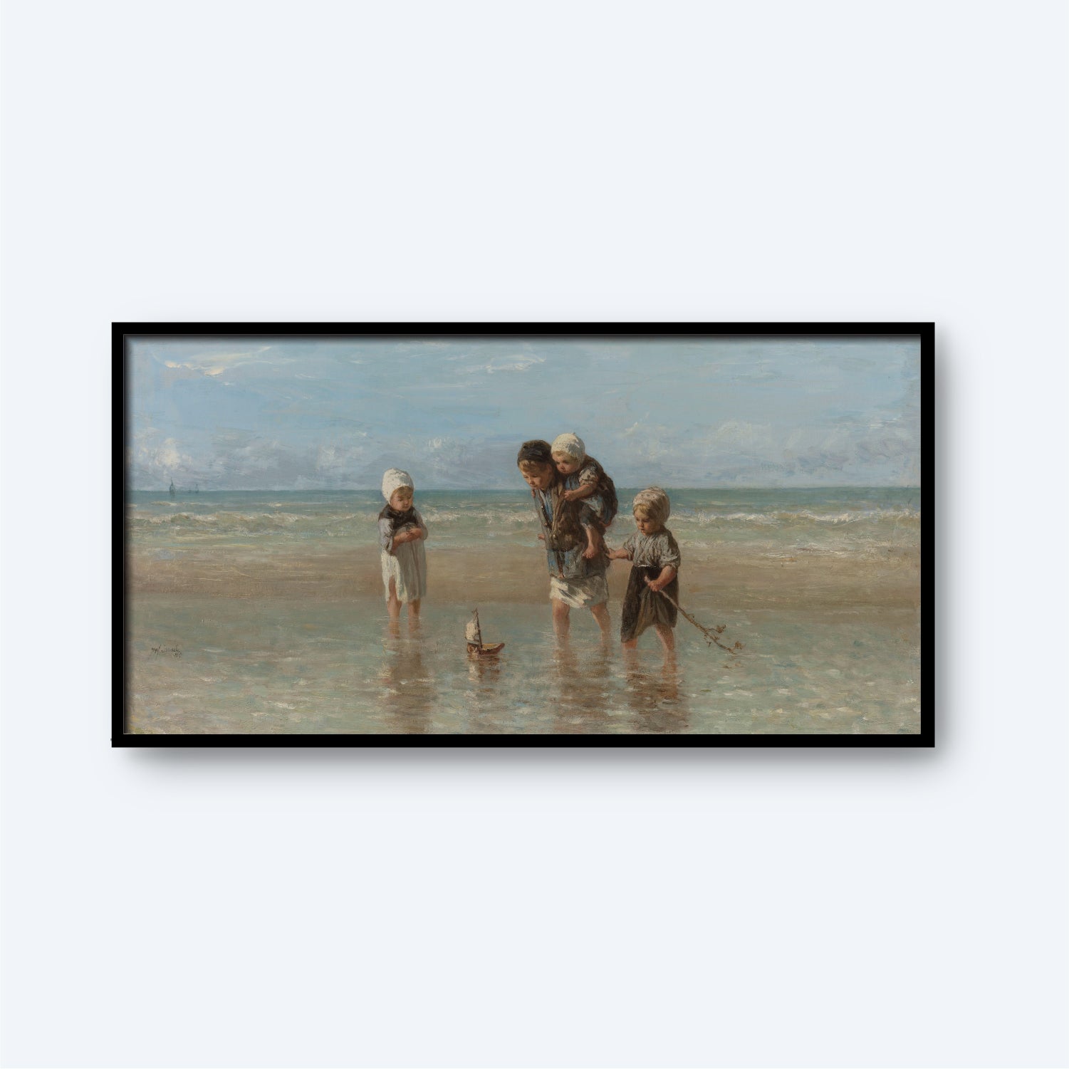 Children of the Sea" by Jozef Israëls portrays four young children playing at the beach. Three of them stand in the shallow water, gazing at a small sailboat, with one child pointing at it. The fourth child stands to the left, holding something in their hands against a blue and cloudy sky.