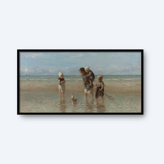 Children of the Sea" by Jozef Israëls portrays four young children playing at the beach. Three of them stand in the shallow water, gazing at a small sailboat, with one child pointing at it. The fourth child stands to the left, holding something in their hands against a blue and cloudy sky.