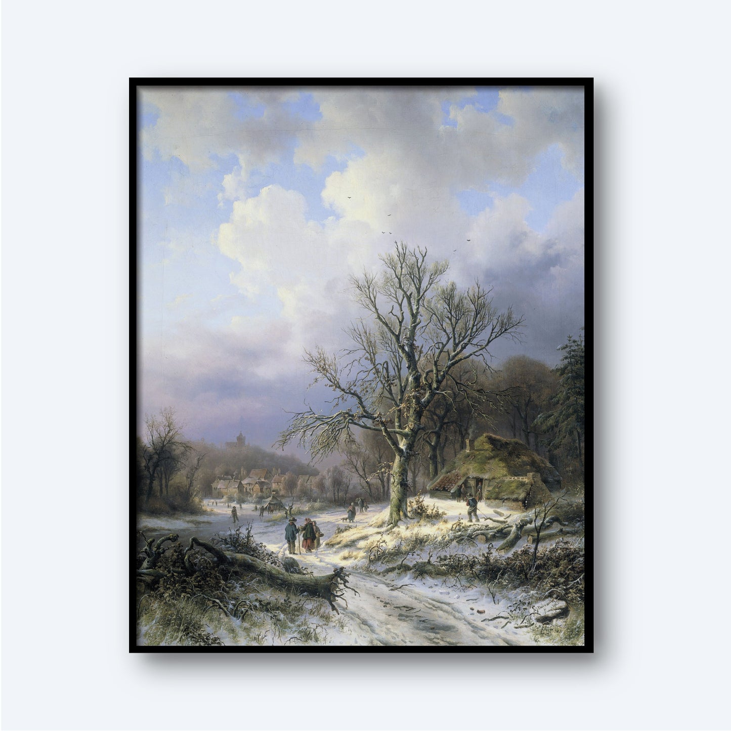 In "Snow Landscape" by Alexander Joseph Daiwaille, a framed painting captures a serene winter scene with a snow-covered path meandering through the countryside. Tall, bare trees line the route, while a few individuals stroll along the path near charming rustic buildings. In the distance, a church steeple rises against a cloudy sky.
