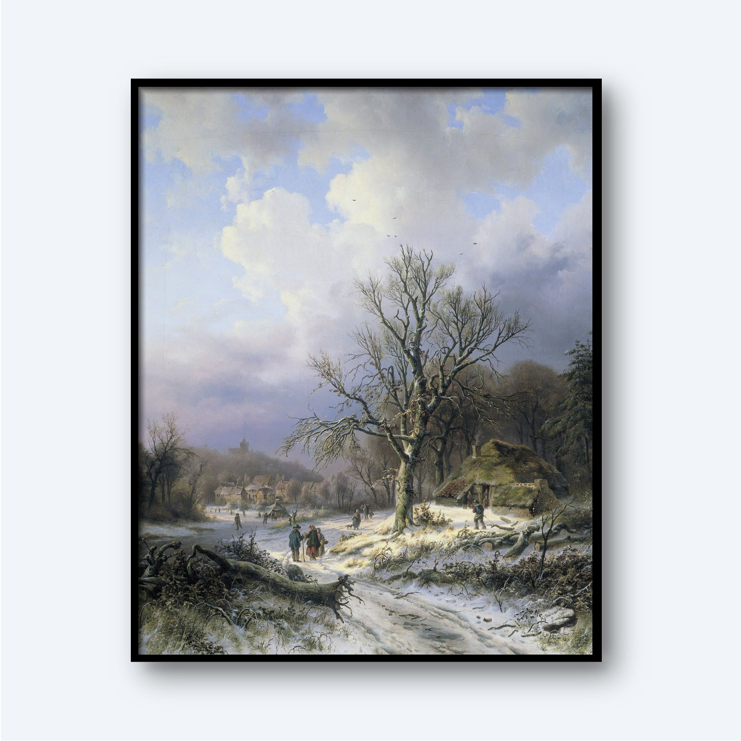 In "Snow Landscape" by Alexander Joseph Daiwaille, a framed painting captures a serene winter scene with a snow-covered path meandering through the countryside. Tall, bare trees line the route, while a few individuals stroll along the path near charming rustic buildings. In the distance, a church steeple rises against a cloudy sky.