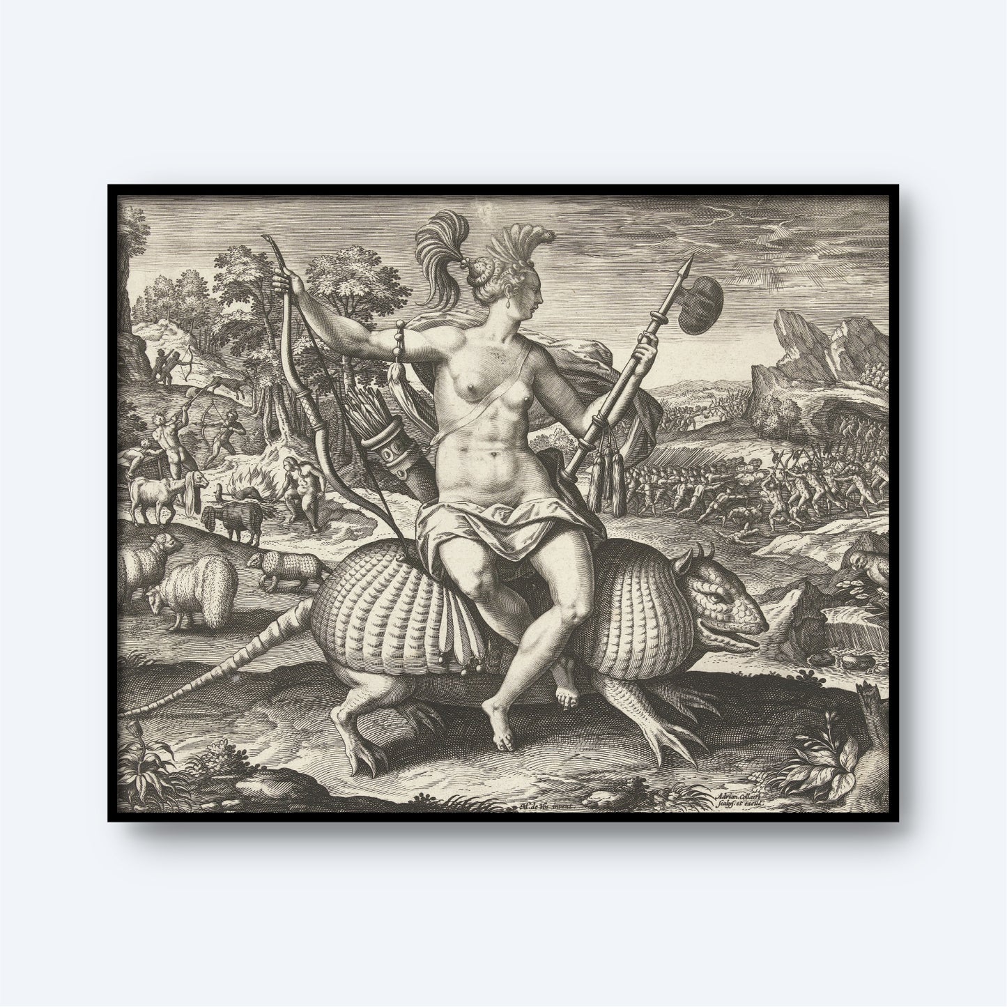 A black-and-white engraving titled "Allegory of America - The Four Continents" by Adriaen Collaert features a mythological scene where a person in warrior attire rides a large armadillo-like creature. The chaotic battlefield in the background and various mythical elements create a dramatic, highly detailed depiction.