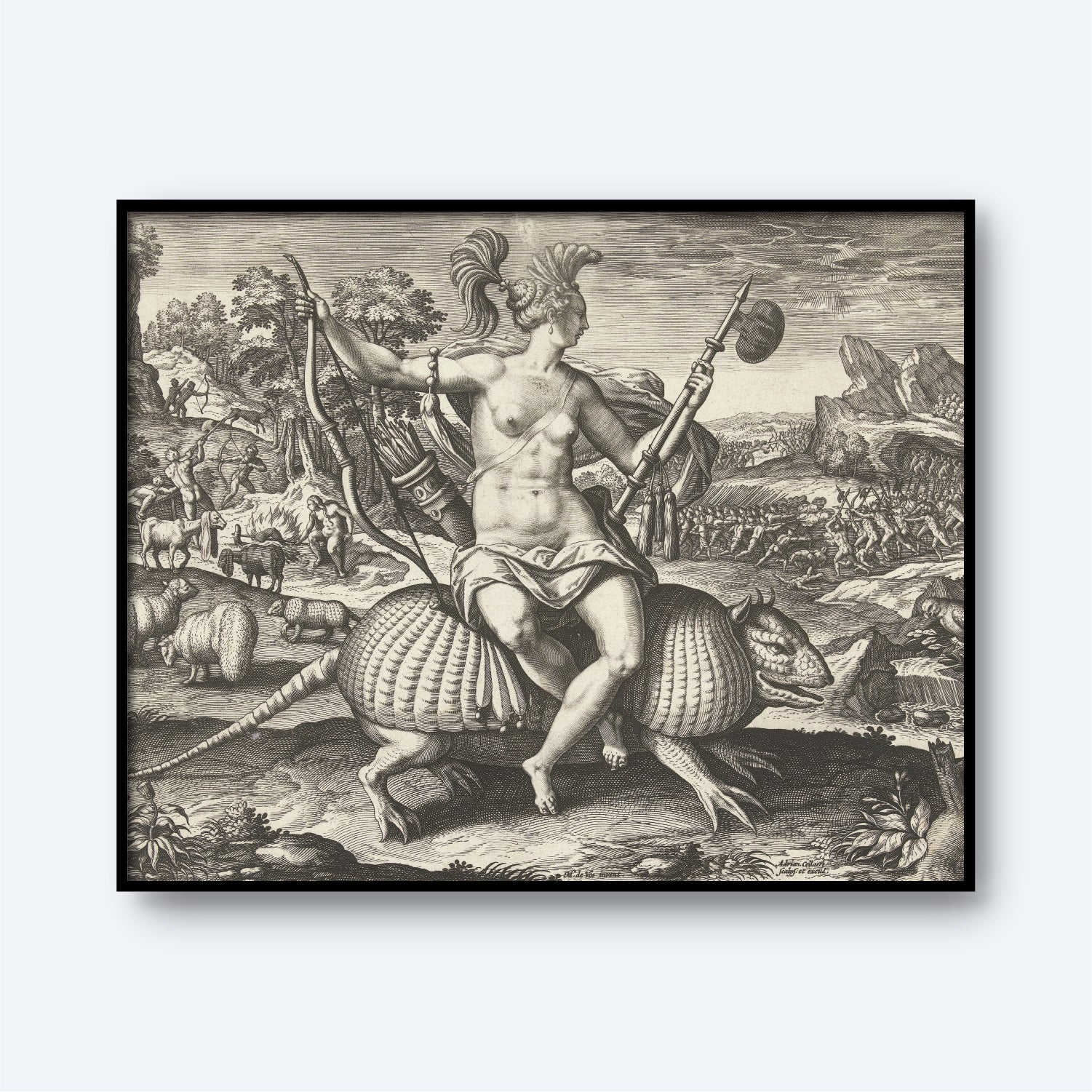 A black-and-white engraving titled "Allegory of America - The Four Continents" by Adriaen Collaert features a mythological scene where a person in warrior attire rides a large armadillo-like creature. The chaotic battlefield in the background and various mythical elements create a dramatic, highly detailed depiction.