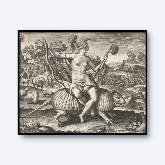 A black-and-white engraving titled "Allegory of America - The Four Continents" by Adriaen Collaert features a mythological scene where a person in warrior attire rides a large armadillo-like creature. The chaotic battlefield in the background and various mythical elements create a dramatic, highly detailed depiction.