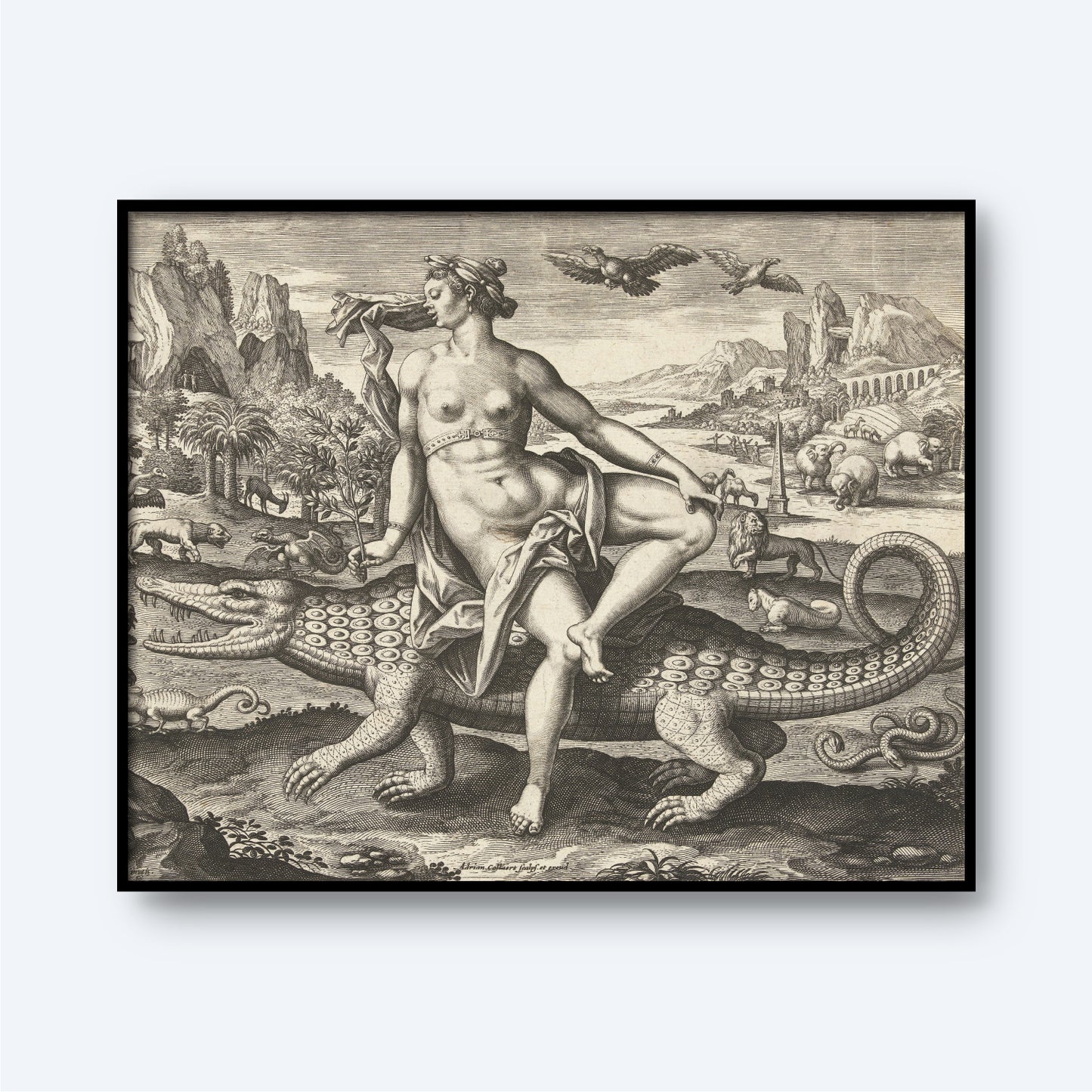 A woman with a shawl draped around her waist sits atop a fantastical crocodile adorned with multiple eyes on its back, holding a flute to her lips. The background, reminiscent of the surrealistic elements in Adriaen Collaert's **"Allegory of Africa - The Four Continents,"** features mountains, animals, and mythical creatures.