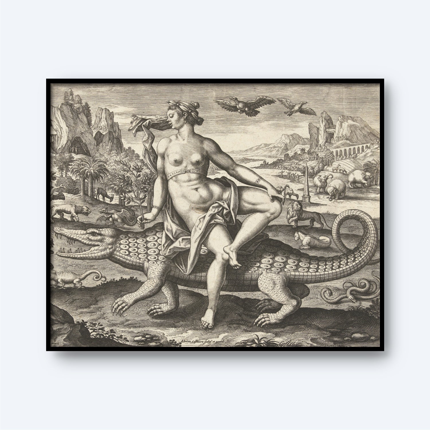A woman with a shawl draped around her waist sits atop a fantastical crocodile adorned with multiple eyes on its back, holding a flute to her lips. The background, reminiscent of the surrealistic elements in Adriaen Collaert's **"Allegory of Africa - The Four Continents,"** features mountains, animals, and mythical creatures.