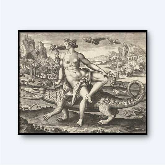 A woman with a shawl draped around her waist sits atop a fantastical crocodile adorned with multiple eyes on its back, holding a flute to her lips. The background, reminiscent of the surrealistic elements in Adriaen Collaert's **"Allegory of Africa - The Four Continents,"** features mountains, animals, and mythical creatures.