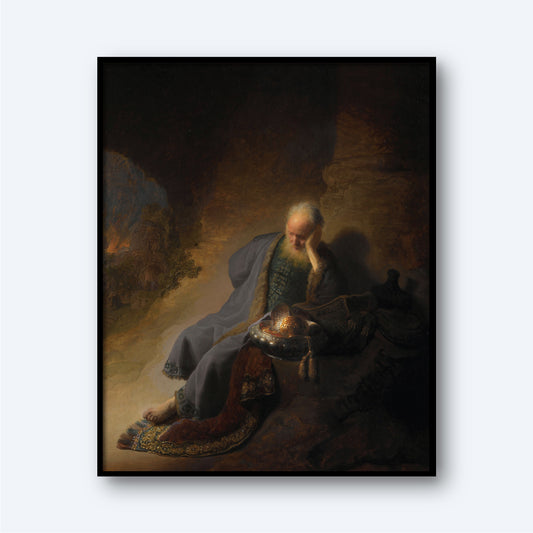 The painting "Jeremiah Lamenting the Destruction of Jerusalem" depicts a contemplative elderly man with white hair and a beard, seated in a dimly lit cave. Dressed in a long, dark blue robe, he leans his head on his hand in thought. Resembling the biblical prophet Jeremiah, he holds a scroll in his lap amid various objects.
