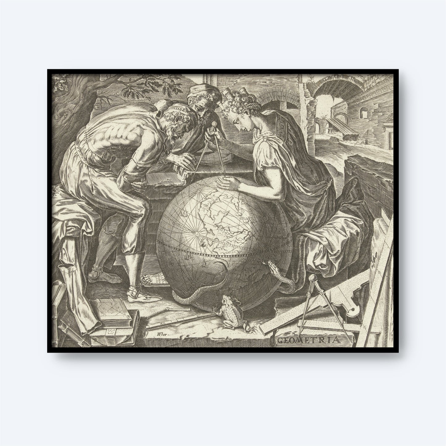 A detailed grayscale illustration, reminiscent of a Renaissance engraving, titled "Geometria - Meetkunde by Cornelis Cort," depicts three figures studying a large globe with a compass. Surrounding them are various tools and symbols associated with geometry and mapmaking, against a backdrop of architectural elements like bridges and arches.